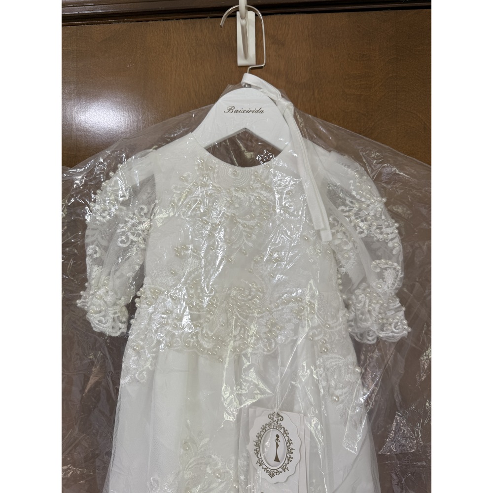 Baby Baptism Gown Full Pearl White 6M - Picture 8 of 14